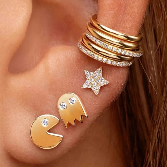 NEW 14k Gold Diamond Pac Man Stud Earrings - Picture 2 of 8